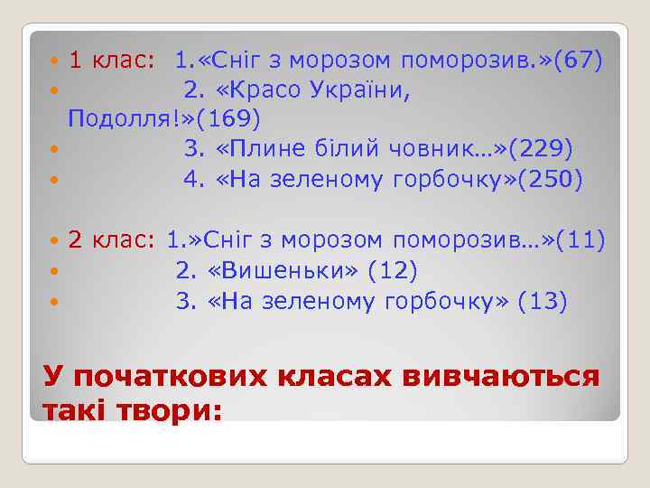 1 клас: 1. «Сніг з морозом поморозив. » (67) 2. «Красо України, Подолля!» (169)