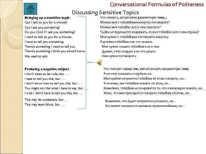 Conversational Formulas of Politeness Discussing Sensitive Topics Bringing up a sensitive topic Can I