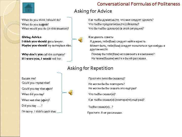 Conversational Formulas of Politeness Asking for Advice What do you think I should do?