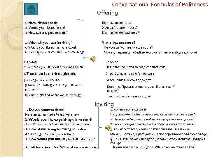 Conversational Formulas of Politeness Offering 1. Here. Have a cookie. 2. Would you like