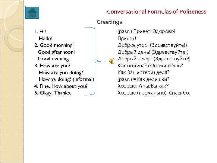 Conversational Formulas of Politeness Greetings 1. Hi! Hello! 2. Good morning! Good afternoon! Good