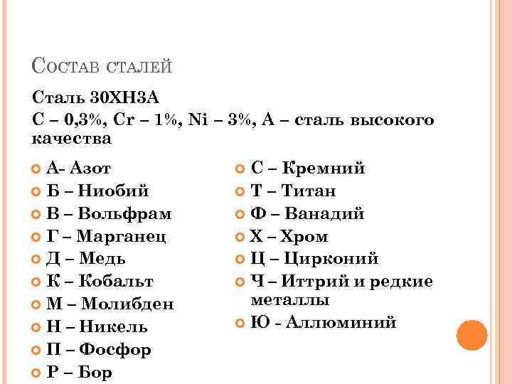 СОСТАВ СТАЛЕЙ Сталь 30 ХН 3 А С – 0, 3%, Cr – 1%,