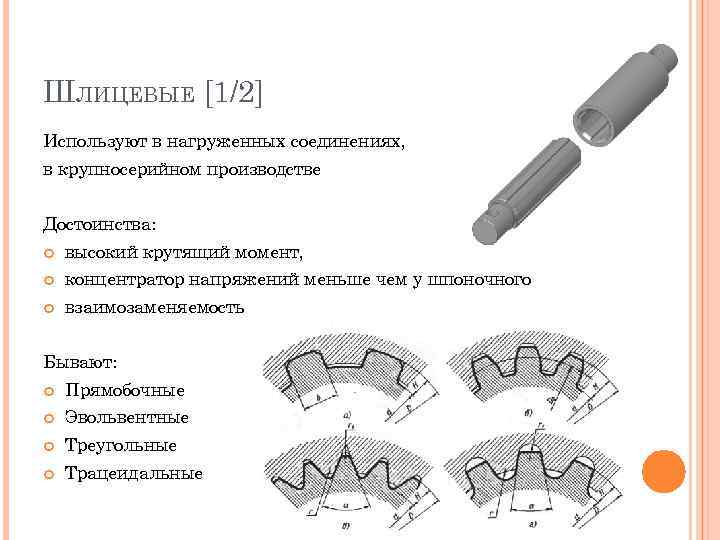 ШЛИЦЕВЫЕ [1/2] Используют в нагруженных соединениях, в крупносерийном производстве Достоинства: высокий крутящий момент, концентратор