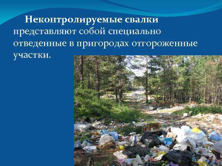 Неконтролируемые свалки представляют собой специально отведенные в пригородах отгороженные участки. 