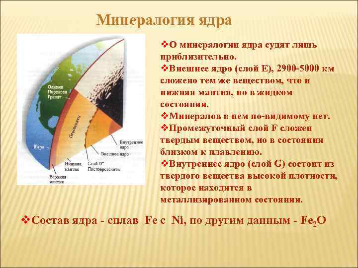 Минералогия ядра v. О минералогии ядра судят лишь приблизительно. v. Внешнее ядро (слой Е),