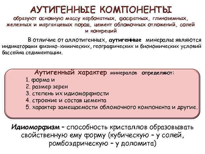 АУТИГЕННЫЕ КОМПОНЕНТЫ образуют основную массу карбонатных, фосфатных, глиноземных, железных и марганцевых пород, цемент обломочных