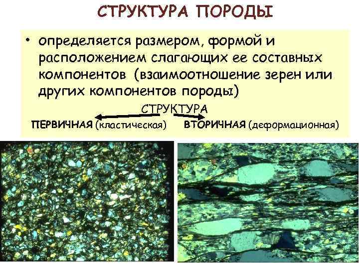 СТРУКТУРА ПОРОДЫ • определяется размером, формой и расположением слагающих ее составных компонентов (взаимоотношение зерен