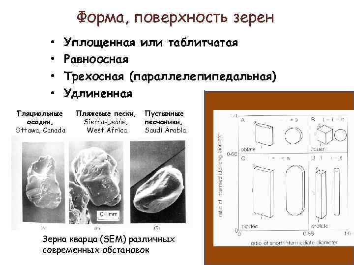 Форма, поверхность зерен • • Уплощенная или таблитчатая Равноосная Трехосная (параллелепипедальная) Удлиненная Гляциальные осадки,