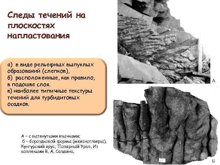 Следы течений на плоскостях напластования а) в виде рельефных выпуклых образований (слепков), б) расположенные,