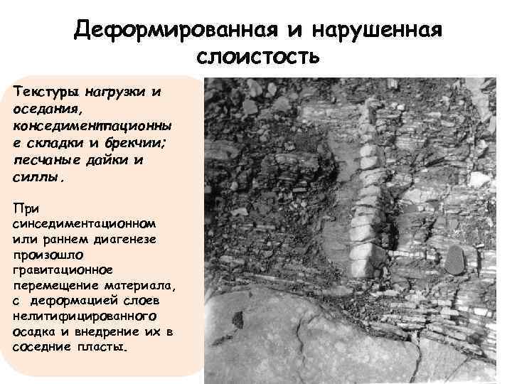 Деформированная и нарушенная слоистость Текстуры нагрузки и оседания, конседиментпационны е складки и брекчии; песчаные