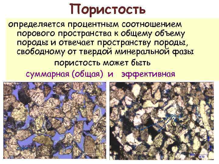 Пористость определяется процентным соотношением порового пространства к общему объему породы и отвечает пространству породы,