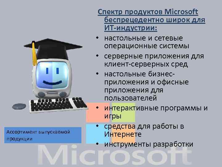 Ассортимент выпускаемой продукции Спектр продуктов Microsoft беспрецедентно широк для ИТ-индустрии: • настольные и сетевые