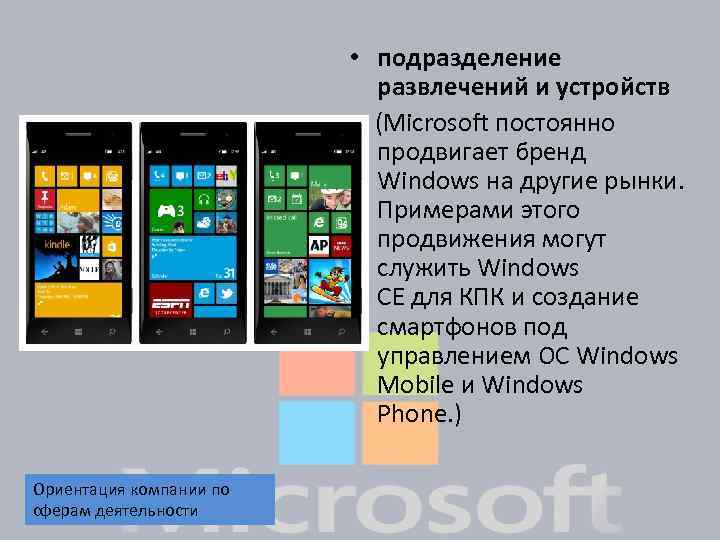  • подразделение развлечений и устройств (Microsoft постоянно продвигает бренд Windows на другие рынки.