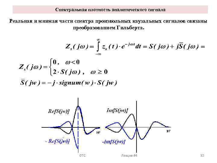 Спектральная плотность аналитического сигнала Реальная и мнимая части спектра произвольных каузальных сигналов связаны преобразованием