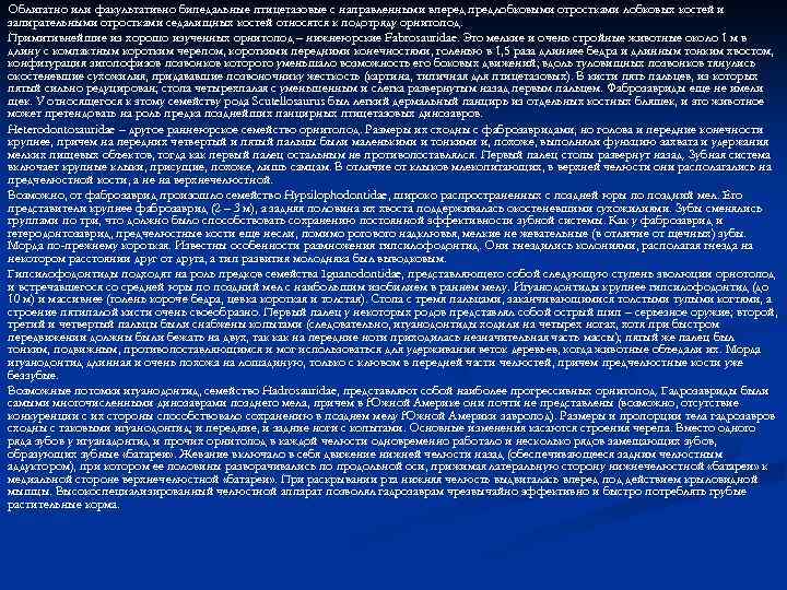 Облигатно или факультативно бипедальные птицетазовые с направленными вперед предлобковыми отростками лобковых костей и запирательными