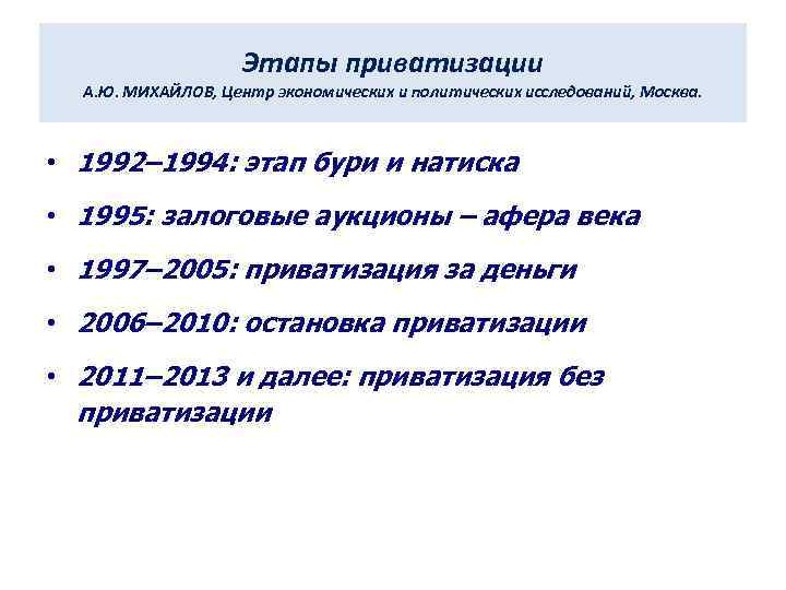Этапы приватизации А. Ю. МИХАЙЛОВ, Центр экономических и политических исследований, Москва. • 1992– 1994: