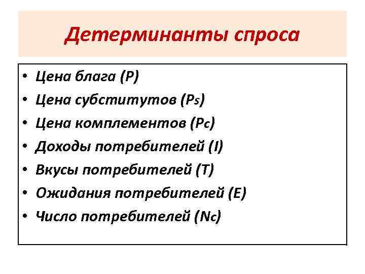Детерминанты спроса • • Цена блага (Р) Цена субститутов (Рs) Цена комплементов (Рc) Доходы