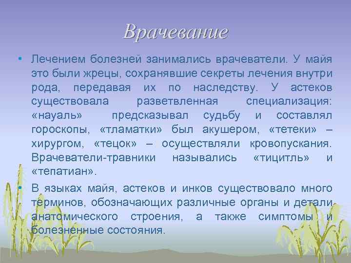 Врачевание • Лечением болезней занимались врачеватели. У майя это были жрецы, сохранявшие секреты лечения