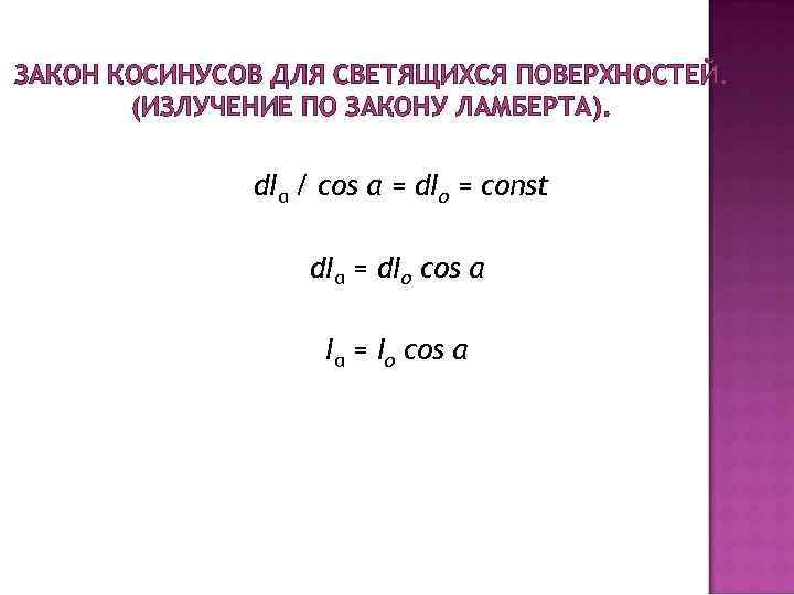 ЗАКОН КОСИНУСОВ ДЛЯ СВЕТЯЩИХСЯ ПОВЕРХНОСТЕЙ. (ИЗЛУЧЕНИЕ ПО ЗАКОНУ ЛАМБЕРТА). d. Iα / cos α