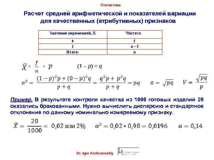 Статистика Расчет средней арифметической и показателей вариации для качественных (атрибутивных) признаков Значение переменной, Х