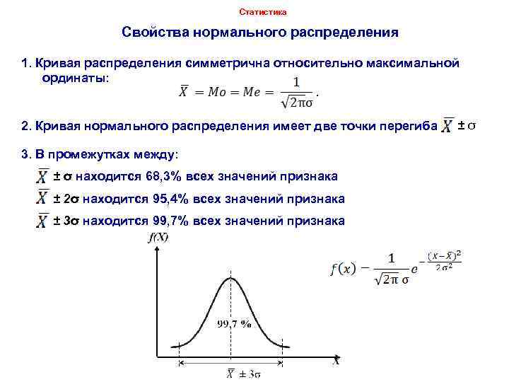 Статистика Свойства нормального распределения 1. Кривая распределения симметрична относительно максимальной ординаты: 2. Кривая нормального