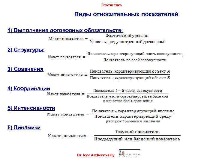 Статистика Виды относительных показателей 1) Выполнения договорных обязательств: 2) Структуры: 3) Сравнения 4) Координации