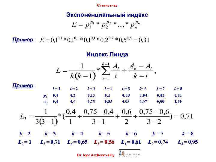 Статистика Экспоненциальный индекс Пример: Индекс Линда Пример: i=1 i=2 i=3 i=4 i=5 i= 6