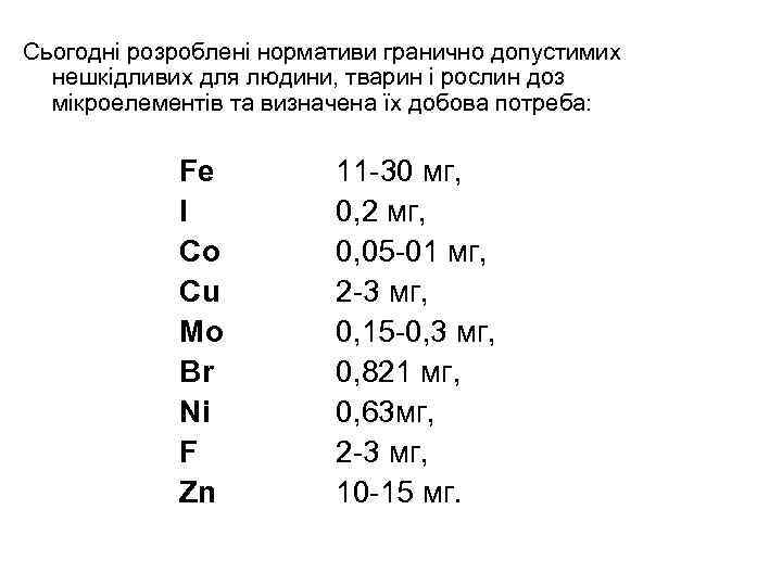 Сьогодні розроблені нормативи гранично допустимих нешкідливих для людини, тварин і рослин доз мікроелементів та