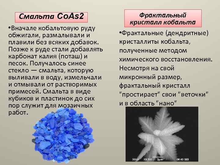 Смальта Со. Аs 2 • Вначале кобальтовую руду обжигали, размалывали и плавили без всяких