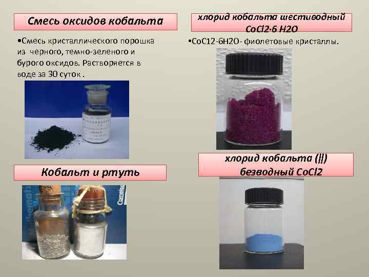 Смесь оксидов кобальта • Смесь кристаллического порошка из черного, темно-зеленого и бурого оксидов. Растворяется