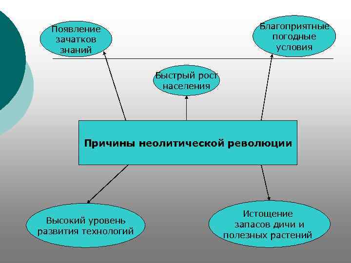 Благоприятные погодные условия Появление зачатков знаний Быстрый рост населения Причины неолитической революции Высокий уровень