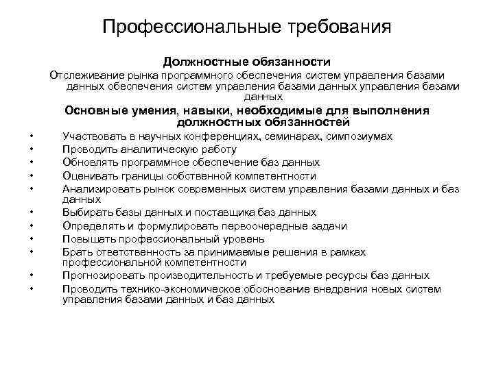Профессиональные требования Должностные обязанности Отслеживание рынка программного обеспечения систем управления базами данных Основные умения,