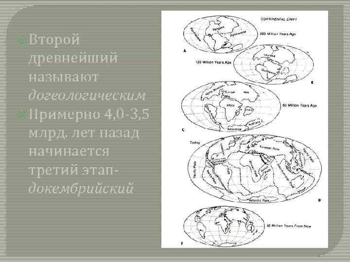  Второй древнейший называют догеологическим Примерно 4, 0 -3, 5 млрд. лет назад начинается