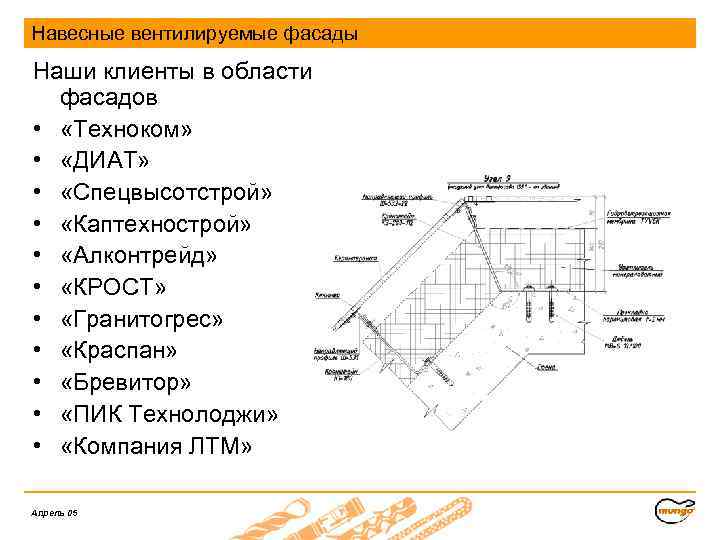 Навесные вентилируемые фасады Наши клиенты в области фасадов • «Техноком» • «ДИАТ» • «Спецвысотстрой»