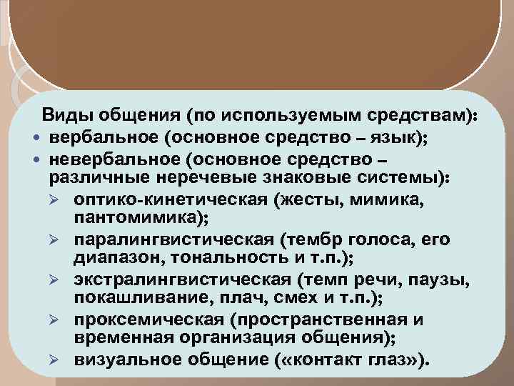 Виды общения (по используемым средствам): вербальное (основное средство – язык); невербальное (основное средство –