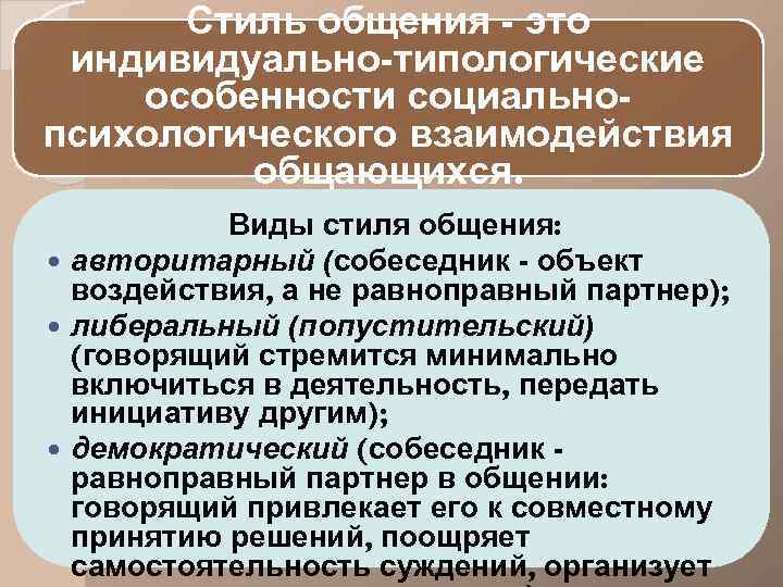 Стиль общения - это индивидуально-типологические особенности социальнопсихологического взаимодействия общающихся. Виды стиля общения: авторитарный (собеседник