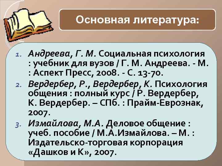  Основная литература: Андреева, Г. М. Социальная психология : учебник для вузов / Г.