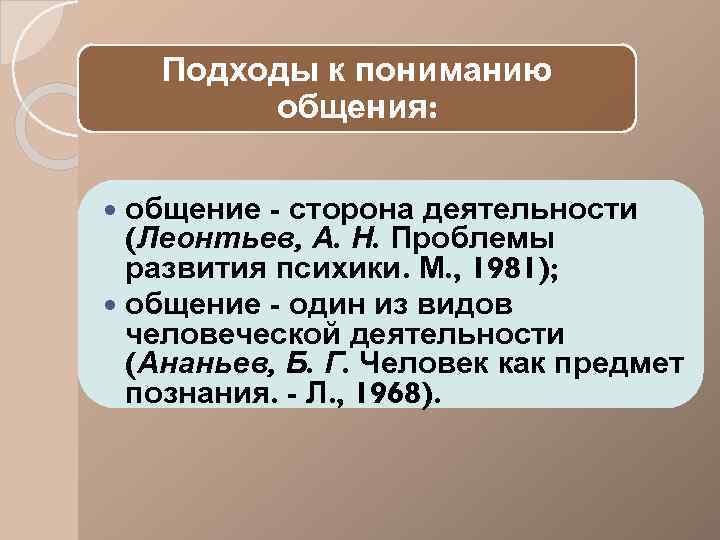 Подходы к пониманию общения: общение - сторона деятельности (Леонтьев, А. Н. Проблемы развития психики.