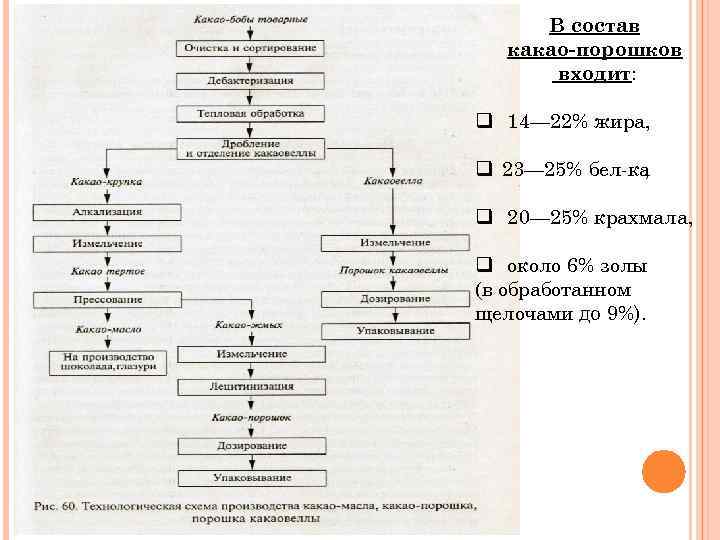 В состав какао-порошков входит: q 14— 22% жира, q 23— 25% бел ка ,