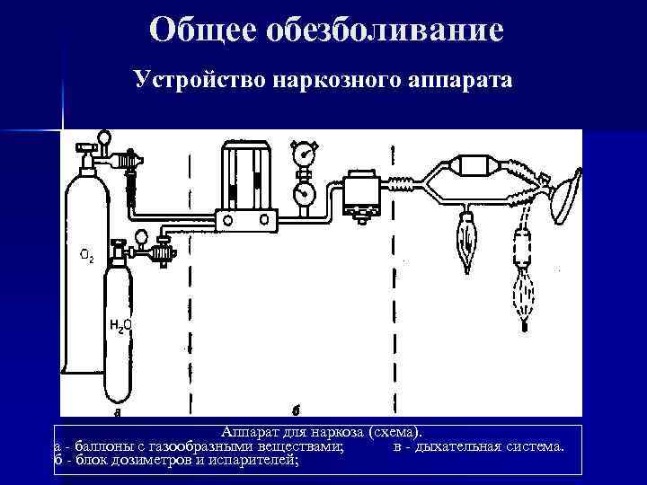 Общее обезболивание Устройство наркозного аппарата Аппарат для наркоза (схема). а - баллоны с газообразными