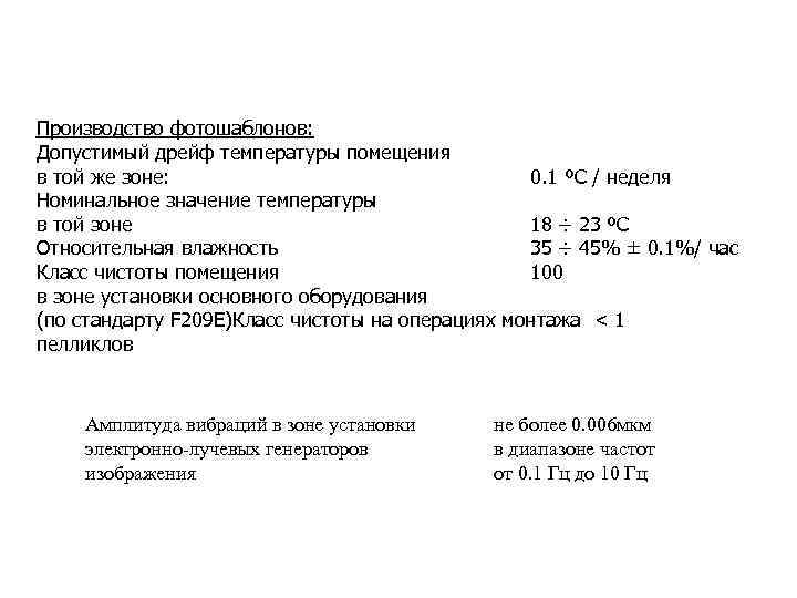 Производство фотошаблонов: Допустимый дрейф температуры помещения в той же зоне: 0. 1 ºС /