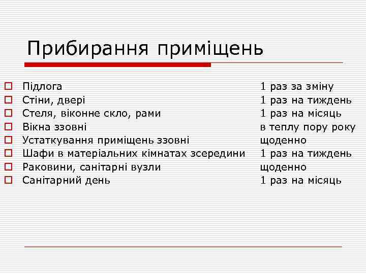 Прибирання приміщень o o o o Підлога Стіни, двері Стеля, віконне скло, рами Вікна