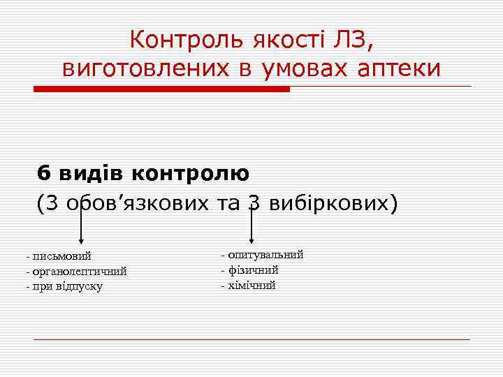 Контроль якості ЛЗ, виготовлених в умовах аптеки 6 видів контролю (3 обов’язкових та 3