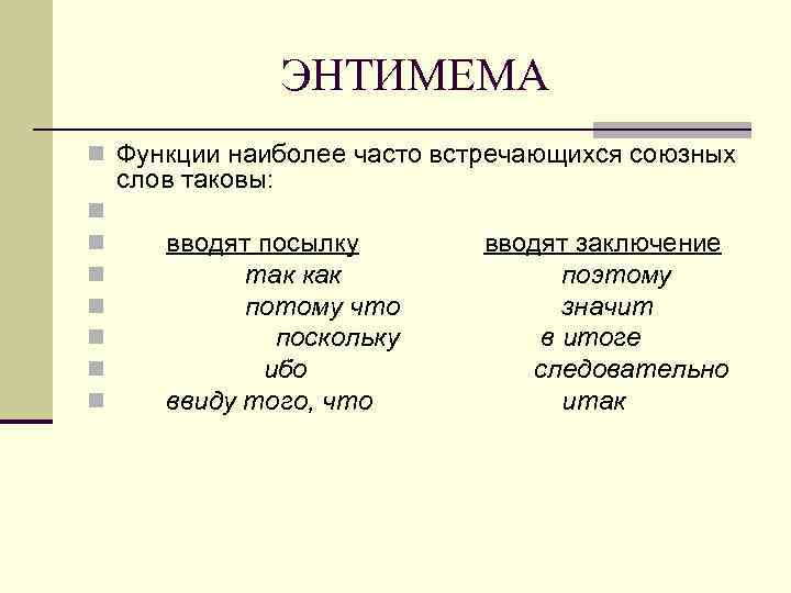 ЭНТИМЕМА n Функции наиболее часто встречающихся союзных n n n n слов таковы: вводят