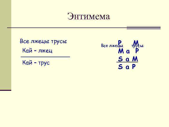 Энтимема Все лжецы трусы Кай – лжец Кай – трус P Все лжецы M
