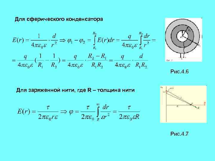 Для сферического конденсатора Рис. 4. 6 Для заряженной нити, где R – толщина нити