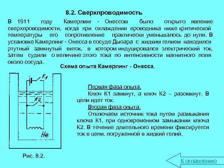8. 2. Сверхпроводимость В 1911 году Камерлинг - Онессом было открыто явление сверхпроводимости, когда