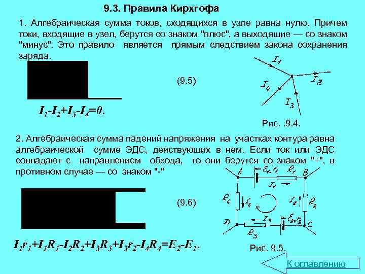 9. 3. Правила Кирхгофа 1. Алгебраическая сумма токов, сходящихся в узле равна нулю. Причем