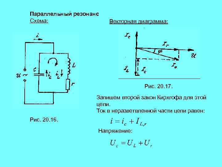 Параллельный резонанс Схема: Векторная диаграмма: Рис. 20. 17. Запишем второй закон Кирхгофа для этой