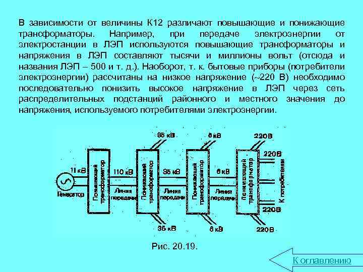 В зависимости от величины К 12 различают повышающие и понижающие трансформаторы. Например, при передаче
